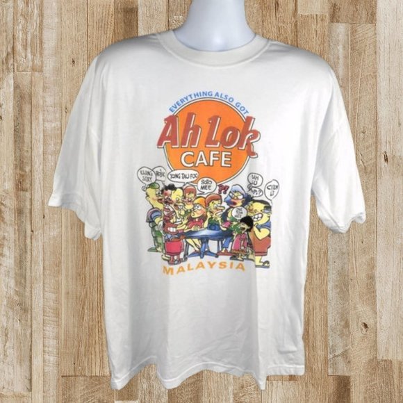 Vintage Ah Lok Cafe Malaysia Parody T Shirt XL White Cartoon Graphic - Picture 1 of 4